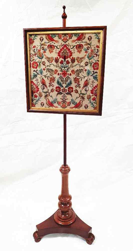 Antique Mahogany Pole Screen - Fire screen with Glazed William Morris Style Tapestry