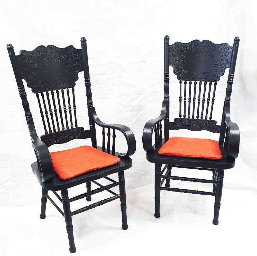 Pair of Edwardian Style Black Painted High Back Fire Side Chairs
